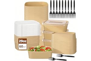 60 Pack 29oz Disposable Kraft Take Out Food Containers with Lids and Forks,Leakproof to Go Containers Disposable Paper Bowls 