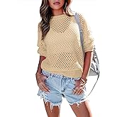 Doshoop Women's Crochet Crewneck Lightweight Hollow Out Long Sleeve Sexy Knit Sweater