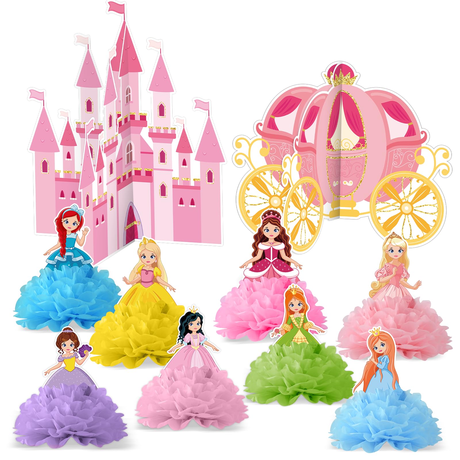 Photo 1 of 20Pcs Princess Birthday Party Decorations Cartoon Princess Paper Flower Ball Centerpieces Tissue Paper Flowers Castle Carriage Party Table Topper Decor for Girls Birthday Baby Shower Table Decorations