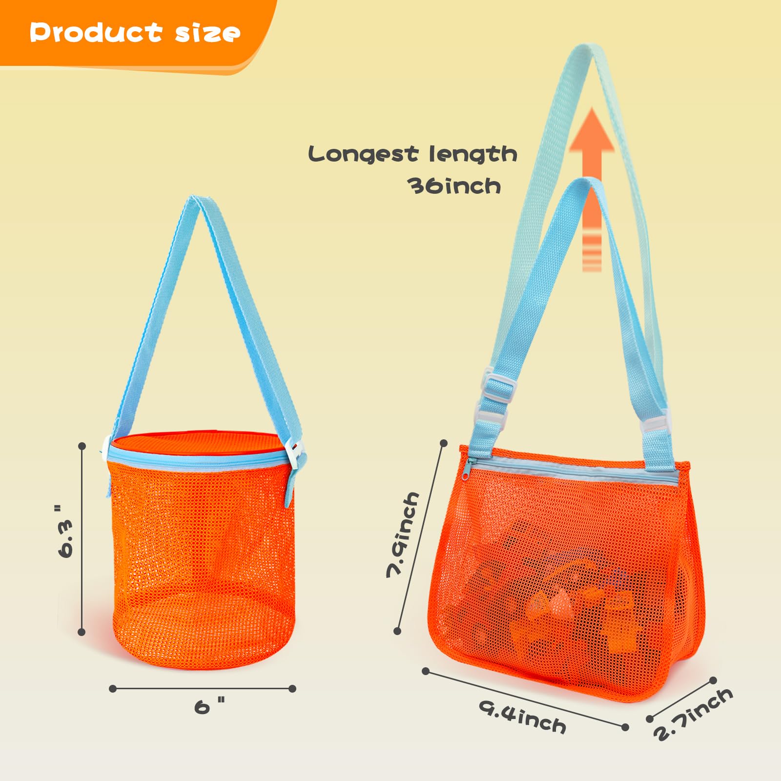 AMOR PRESENT 2PCS Shell Bags, Orange Mesh Toy Bag Shell Collecting Bag Totes with Zipper Sea Beach Toys Mesh Beach Bag Kids for Picking Up Shells Beach Sand Toy for Boys and Girls