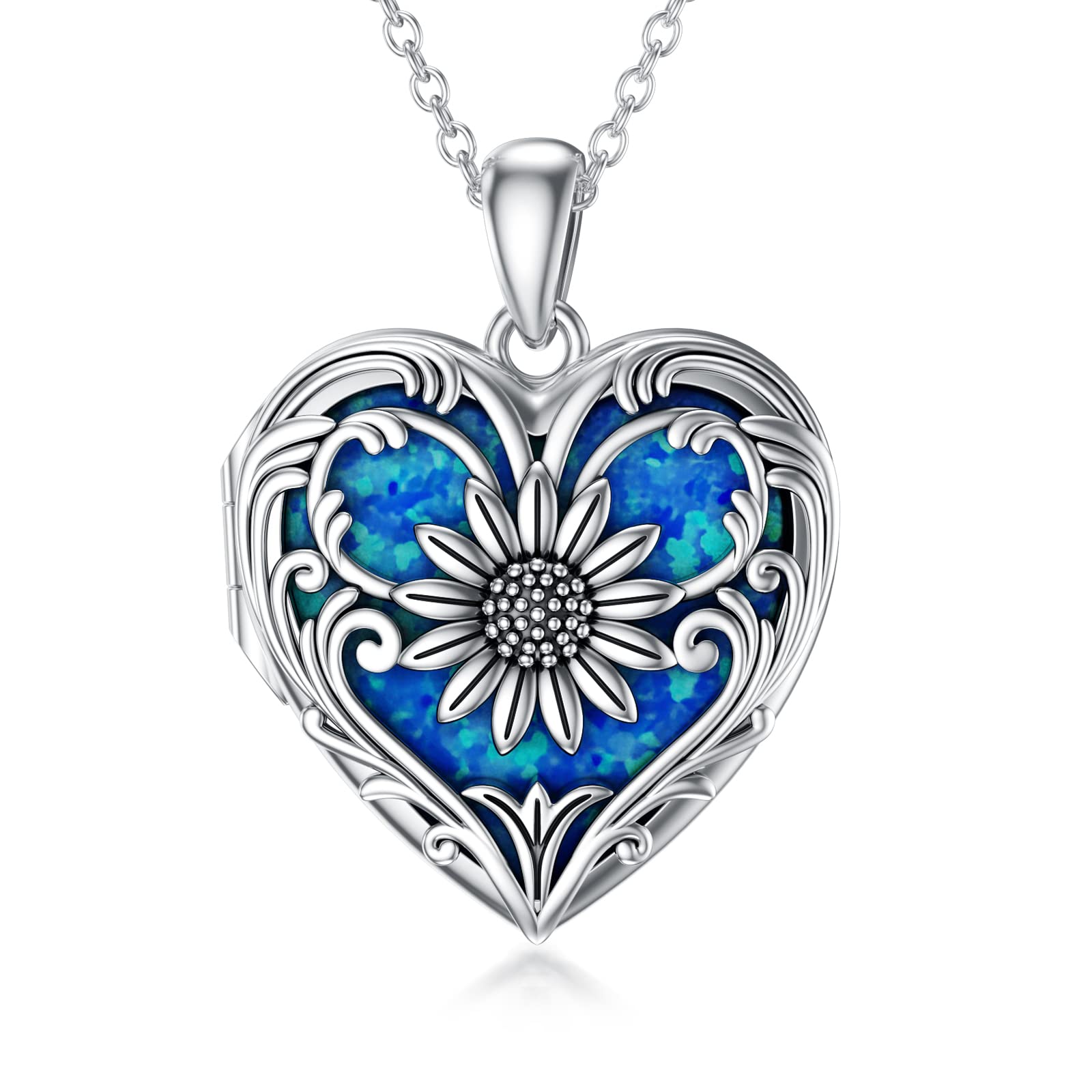 SOULMEET Sunflower Heart Shaped Opal/Abalone Shell Locket Necklace That Holds Pictures Photo You Are My Sunshine Sterling Silver Custom Jewelry Personalized Locket Necklaces