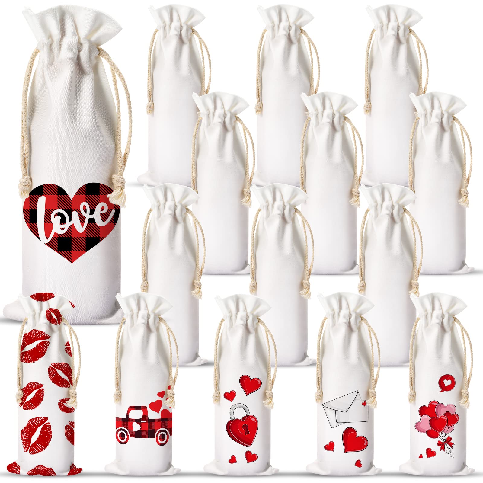 Canvas Wine Bottle Bags Sublimation Blank Wine Bottle Bags with Drawstrings, Reusable Cotton Wine Bags Bulk for Halloween Christmas DIY Wedding Birthday Party Gift Bag (15 Pieces)