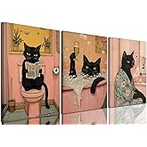 Funny Japanese Black Cat Bathroom Wall Art, Cute Japan Cat in Bathtub Wall Decor Paintings Funky Animal on Toilet Reading Newspaper Poster Canvas Prints Artwork 12x16 inch Framed