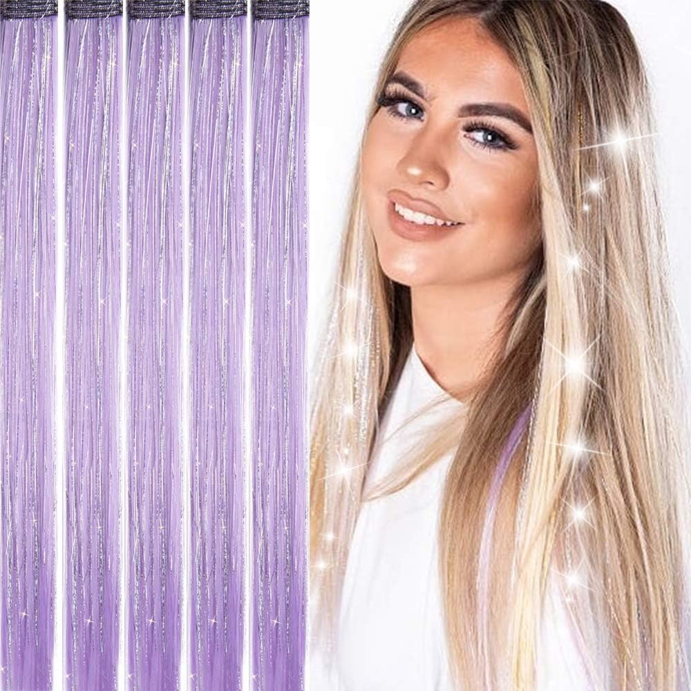 Hair Dazzle Unicorn Extensions Clips for Girls (5 pieces) Clip in Extension with Holographic Tinsel - LILAC - So easy to Use, Perfect Gift for Christmas, Hair Accessories for Kids/Teenagers/Women