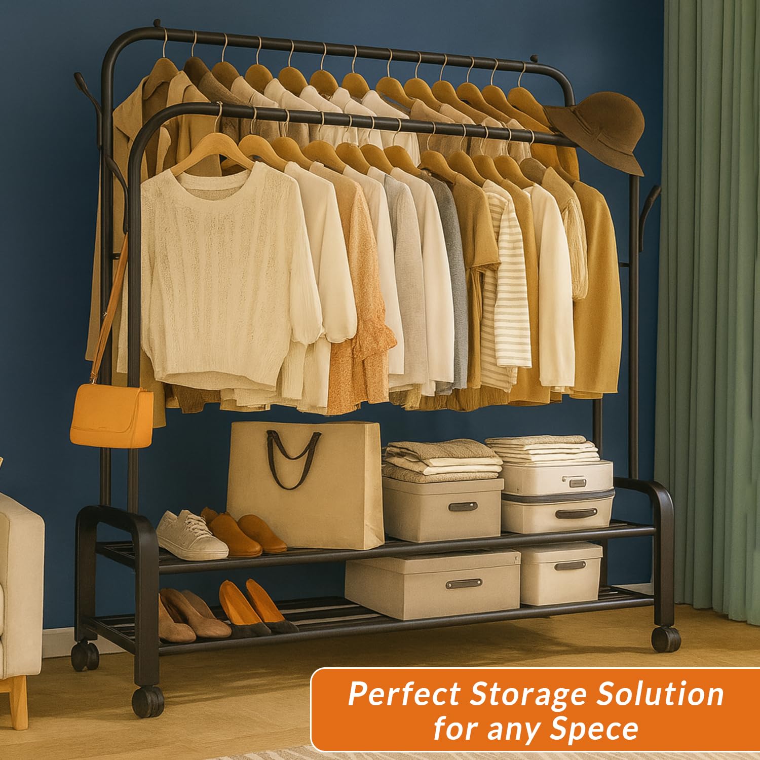 Condition photo showing New/Like New for heavy duty coat rack, garment rack & clothes rack with wheels, freestanding double rod clothing rack