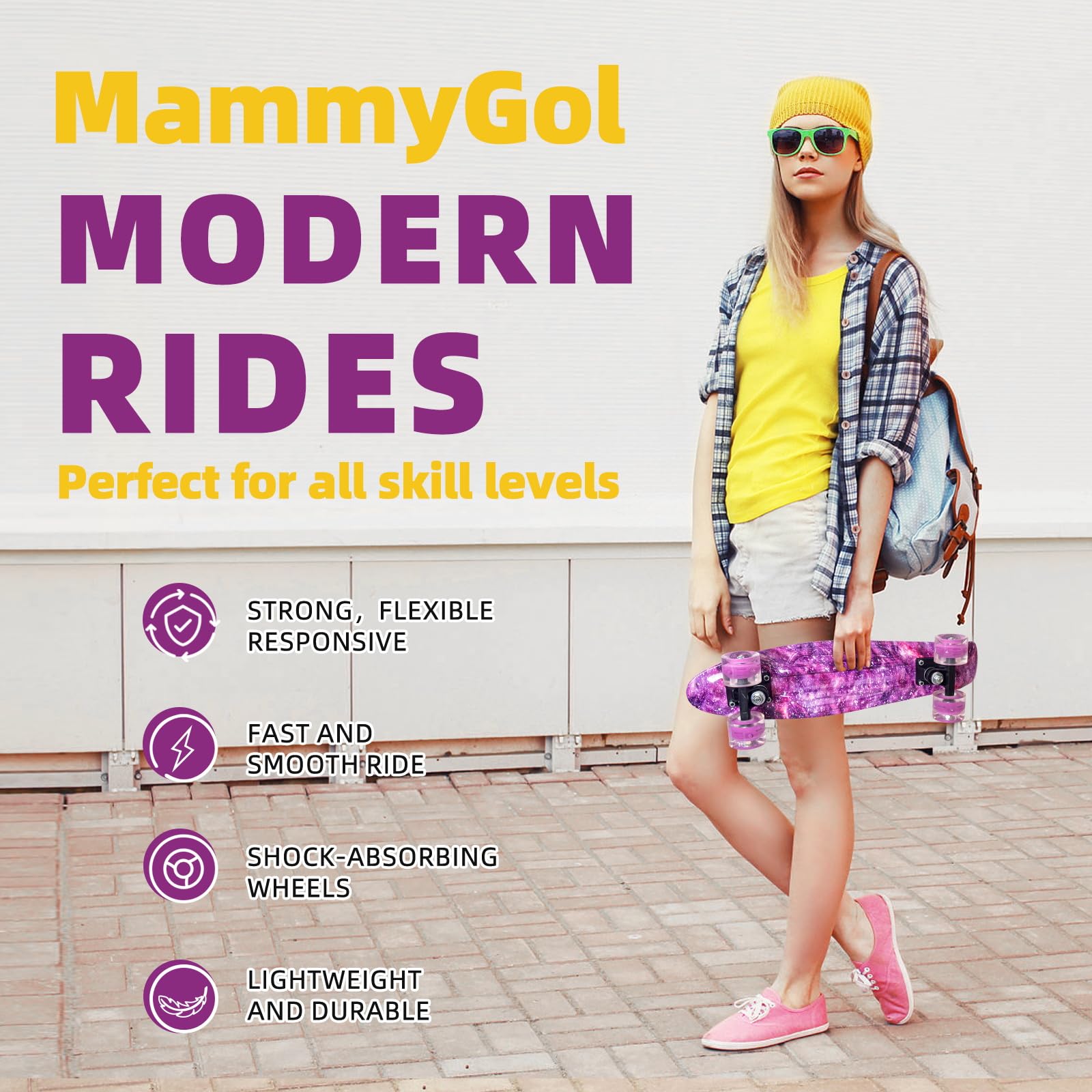 Nattork Skateboards 22 Inch Mini Cruiser Skateboard Complete Retro Skate Boards with Colorful Light Up Wheels for Kids Girls Boys Beginners