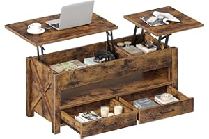Seventable Coffee Table, 47.2" Lift Top Coffee Table with 2 Storage Drawers and Hidden Compartment, Farmhouse Center Table with Wooden Lift Tabletop, for Living Room,Rustic Brown