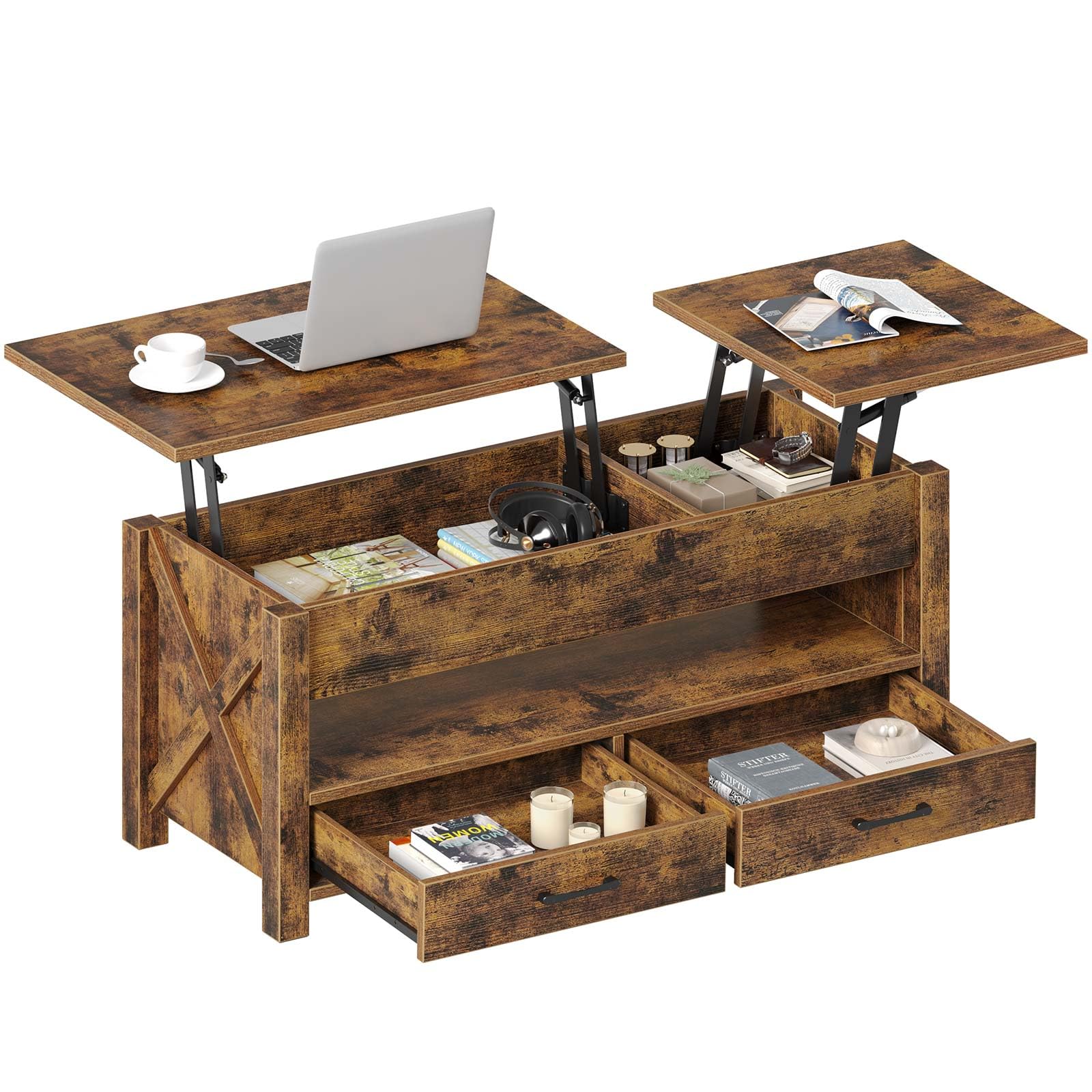 Seventable Coffee Table, 39.3" Lift Top Coffee Table with 2 Storage Drawers and Hidden Compartment, Farmhouse Center Table with Wooden Lift Tabletop, for Living Room,Rustic Brown Image