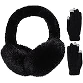 BEARAE Winter Ear Muffs Gloves Set, Fuax Fur Earmuffs with Glove, Foldable Fluffy Ear Warmer Muff for 7-12T Kids Girls Boys