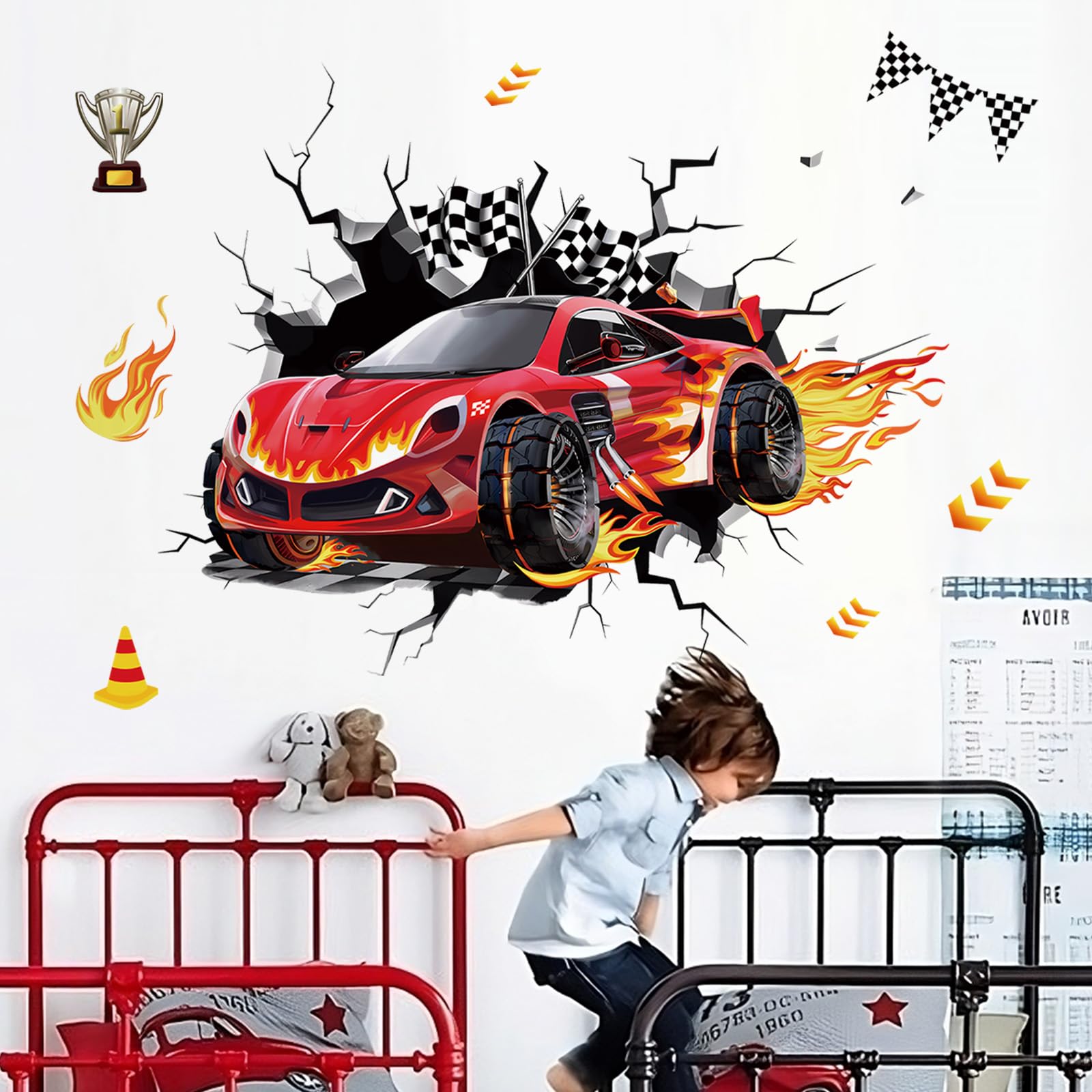 decalmile 3D Racing Cars Wall Decals Red Cars Flags Wall Stickers Boys Bedroom Kids Room Playroom Wall Decor