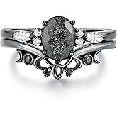 IRROYA Oval Natural Black Rutilated Quartz Celtic Knot Bridal Wedding Ring Sets with Black Gold or Platinum Plated 925 Sterling Silver, Irish Gothic Engagement Rings and Spinel Trinity Annversary Band Size 4-9