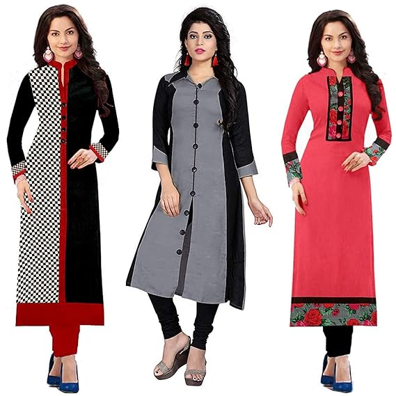 Women's Cotton Semi-Stitched Kurti (Multicolour, Free Size)-Combo of 3