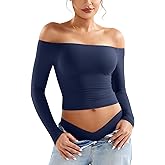 YEOREO Sophie Women Off Shoulder Long Sleeve Shirts Double Lined Basic Undershirt Y2K Going Out Tops