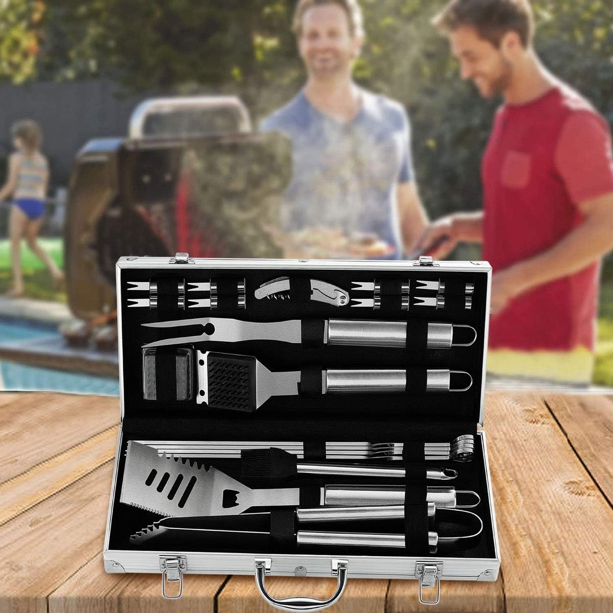 grilljoy 20PCS Heavy Duty BBQ Grill Tools Set - Extra Thick Stainless Steel Spatula, Fork& Tongs. Complete Barbecue Accessories Kit in Aluminum Storage Case - Perfect Grilling Tool Set Gift : Garden & Outdoor