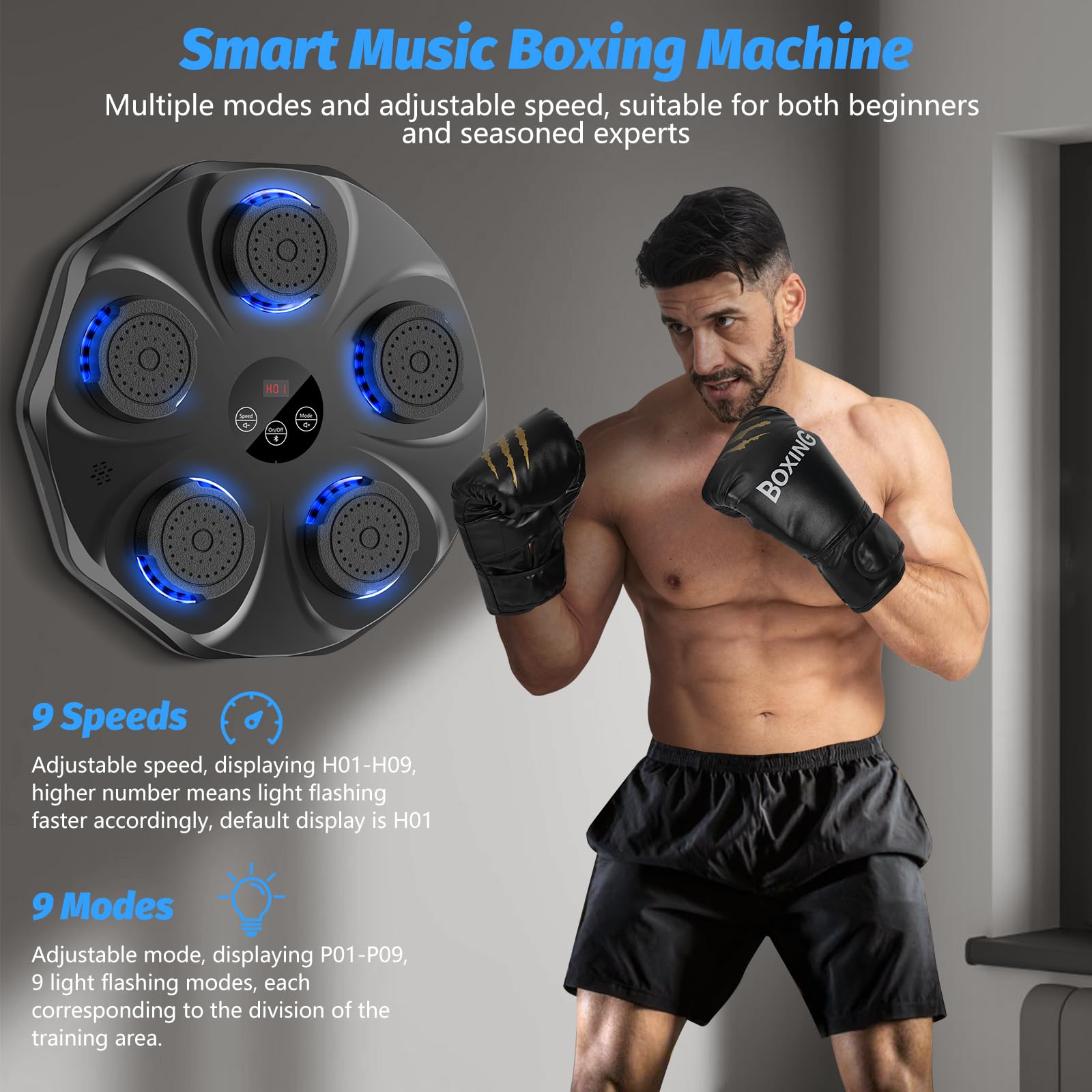 Music Boxing Machine, Interactive Punching Trainer with Boxing Gloves, Large Size Wall Mounted Electronic Boxing Target for Adults Kids, 9 Modes & 9 Speeds