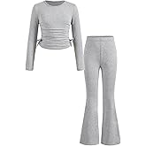 Floerns Girl's Two Piece Outfit Bowknot Knit Tee Shirt with Flare Leg Pants Set