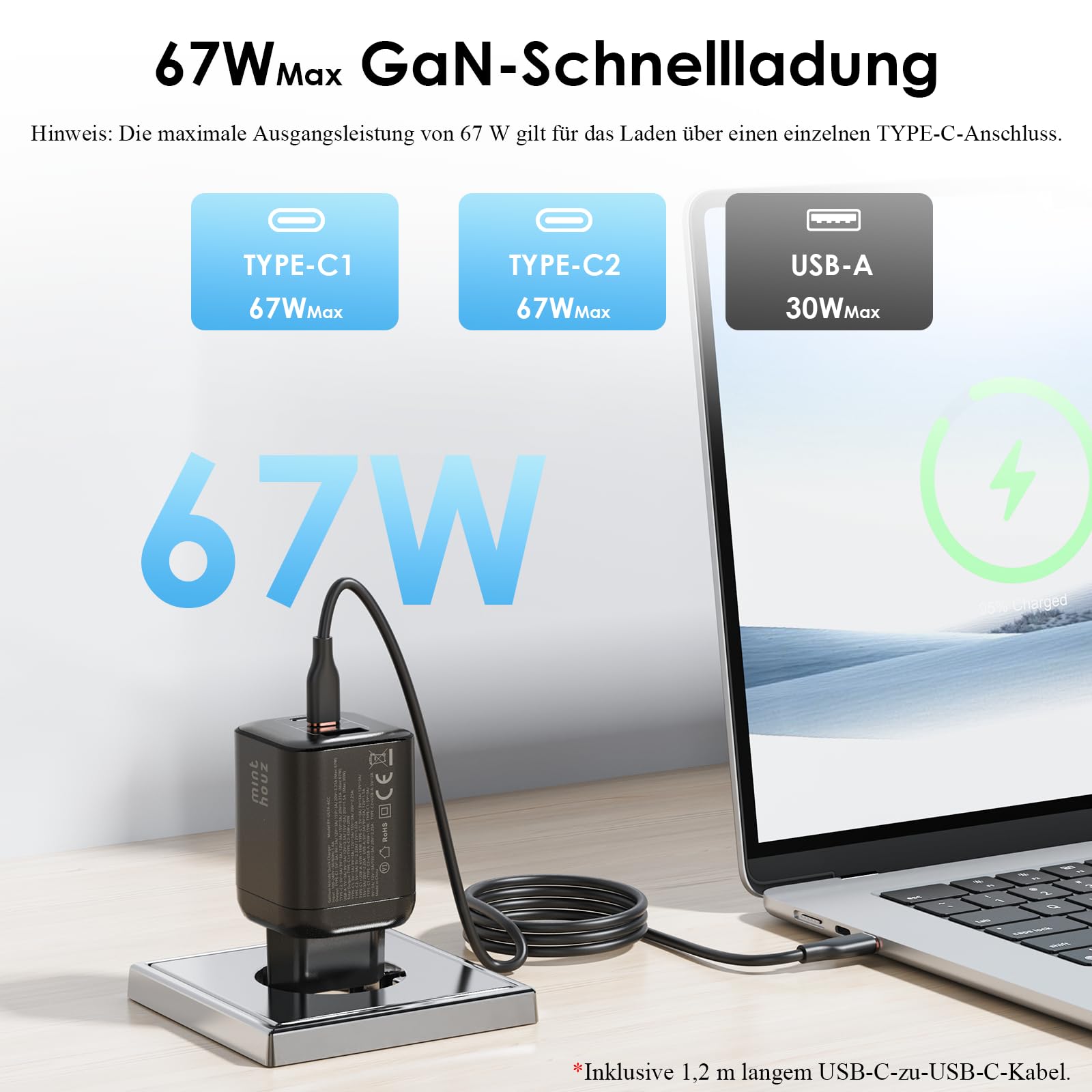 Minthouz USB-C-Ladegerät mit Charging Cable, PD 67W, 3-Port-GaN-Mehrfachnetzteil, Fast Charger kompatibel mit iPhone 17/17 Air/17 Pro/17 Pro Max/17 SE, 16/15/14/Serie, Galaxy, iPad 2