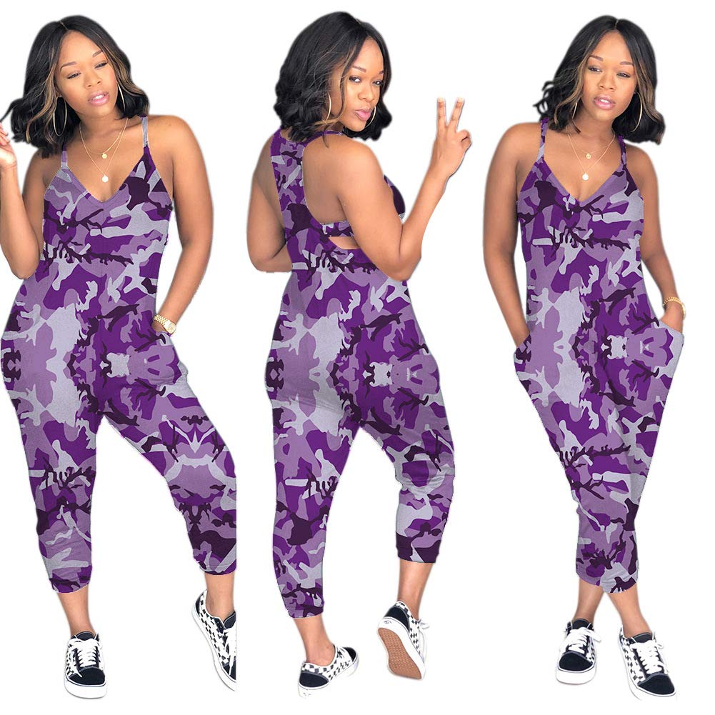 Women\'s Loose Capri Jumpsuits - Casual Camouflage Racerback V Neck One Piece Romper X-Large Purple Camouflage