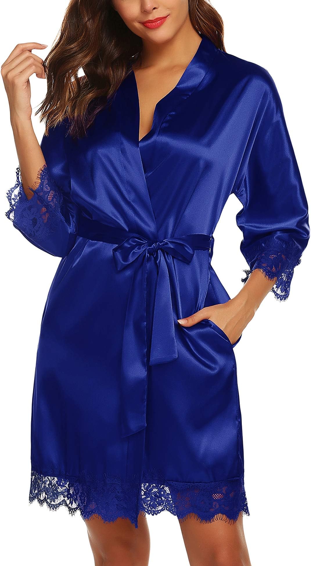 BESDEL Women's Satin Silk Bathrobe Oblique V-Neck Short Kimono Robe Bridesmaids Robe