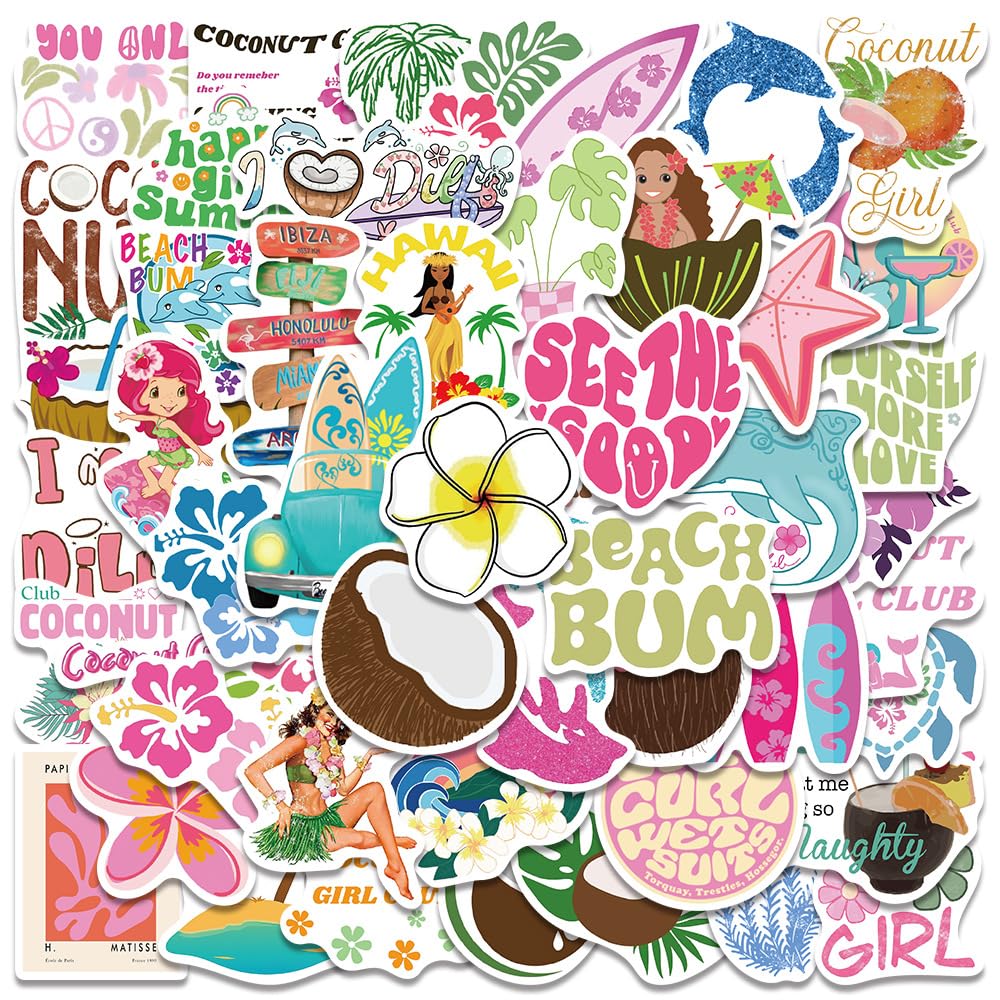 Photo 1 of Cute Coconut Girl Aesthetics Waterproof Stickers for Water Bottle, 50PCS Coconut Beach Sea Stickers Pack for Laptop, Surfboard, Summer Sticker for Kids Adult Teens, Party Decoration