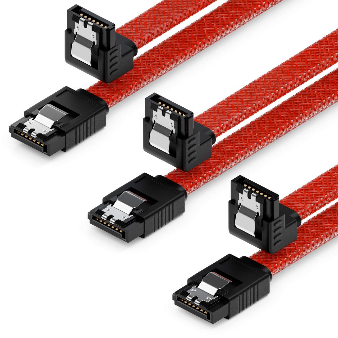 deleyCON 3x 50cm (1.64 ft.) SATA 3 Nylon Cable Set Data Cable 6 Gbit/s Connector Connection Cable Main Board HDD SSD Hard Drive 1 S-ATA Connector 90° Angled Red