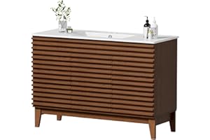 APRILSOUL 48" Bathroom Vanity with Ceramic Sink, Mid-Century Bathroom Vanity Cabinet with 2 Soft Closing Doors, Freestanding Bathroom Cabinet, Particleboard Frame with Wood Grain Laminate, Walnut