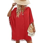 AI'MAGE Women's Swimwear Cover Ups 3/4 Sleeve Beach Coverup with Tassel Button Down Oversized Swimsuit Cover Up Shirt S-3XL