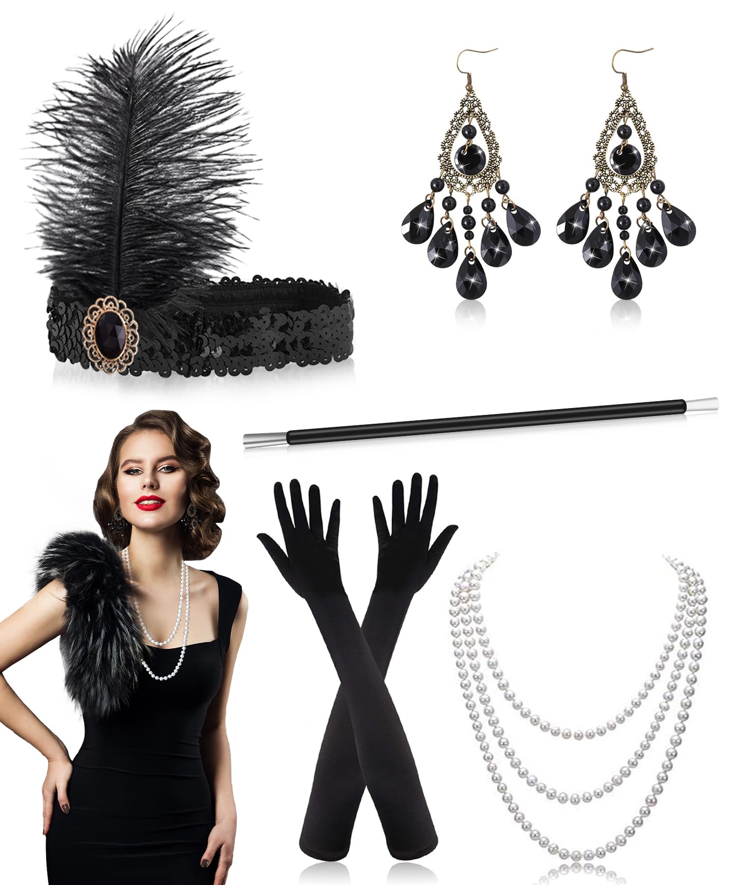 Alintor 1920s Accessories for Women, Great Gatsby Accessories Women, 1920s Headpiece, Black Gloves, Fashion Necklace Earrings