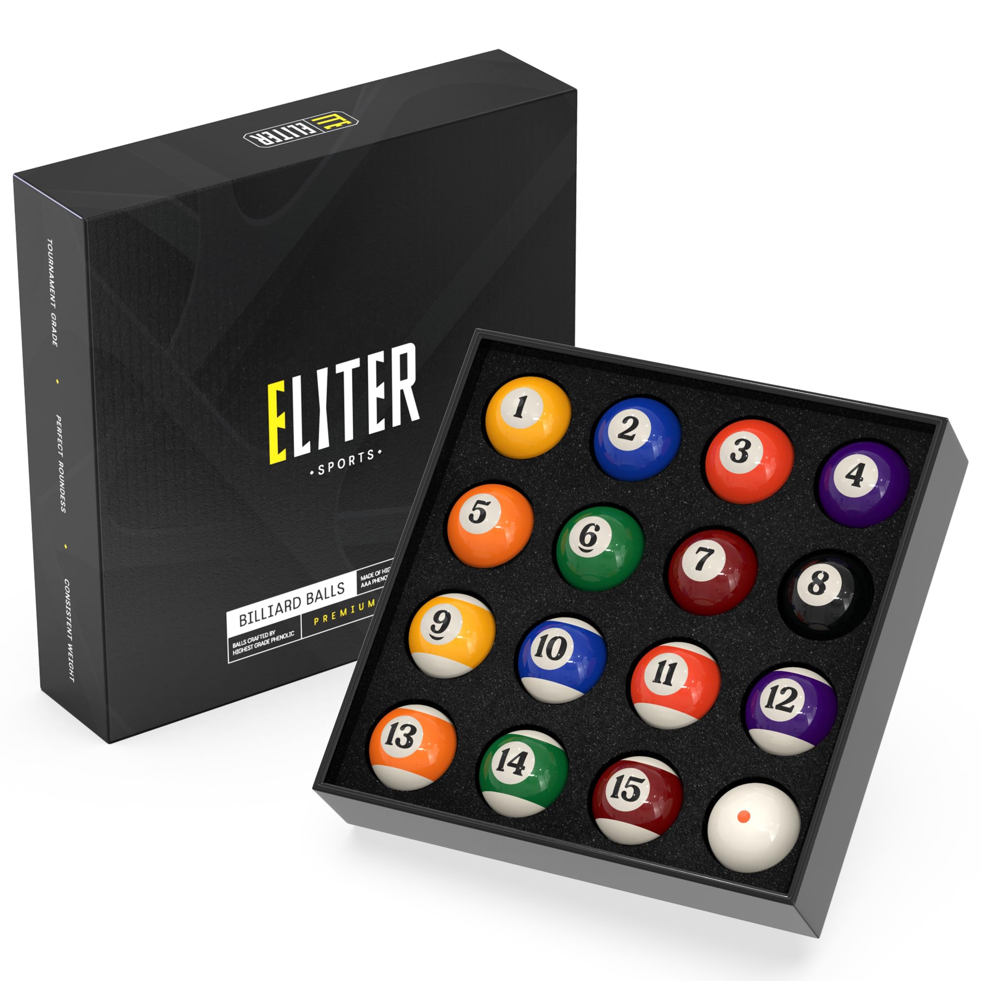 ELITER SPORTS ® - Professional American Pool Billiard Balls Set - 2-1/4" - 16 Billiards Accessories - Made of Pure Resin 5A Grade