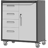 BIZOEIRON Metal Storage Cabinet for Garage, Tool Cabinet, Utility Cabinet | Wheeled, Rolling Tool Cabinet, 4 Drawers, 1 Door Lockable, Top Countertop, Assembly Required, Black &amp; Grey