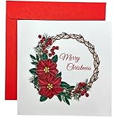 HAIANCO Handcraft 3D Christmas Wreath Quilling Card, Envelope Included, Blank Inside, Xmas Card, Merry Christmas, Ready To Gift