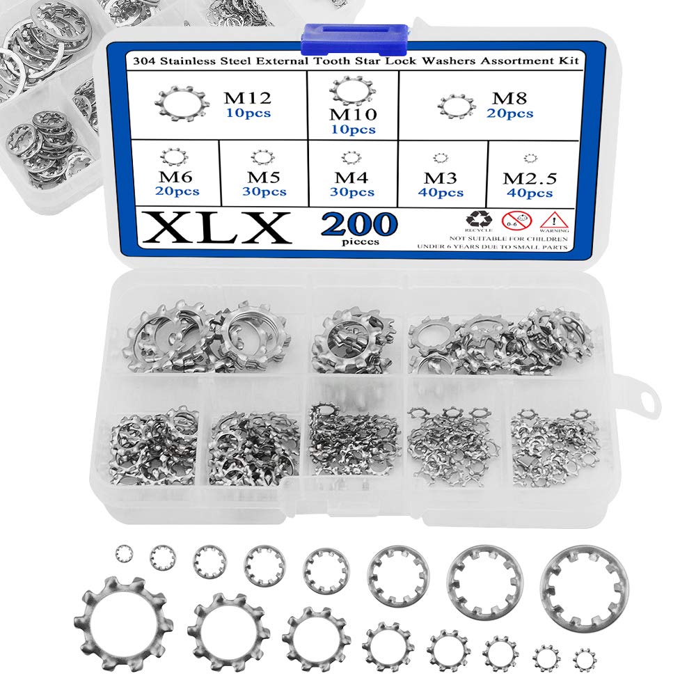 XLX 400PCS 8 Size 304 Stainless Steel External Internal Tooth Star Lock Washer Circlip Snap Spring Ring Assortment Kit M2 M3 M4 M5 M6 M8 M10 M12