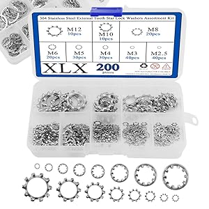 XLX 400PCS 8 Size 304 Stainless Steel External Internal Tooth Star Lock Washer Circlip Snap Spring Ring Assortment Kit M2 M3 M4 M5 M6 M8 M10 M12