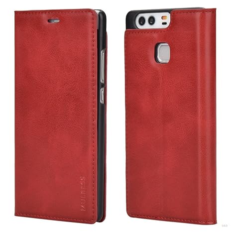 Mulbess (Slim Style) Premium Handy Schutzhülle Ledertasche im Kartenfach für Huawei P9 Tasche Hülle Leder Etui Schale,Rot