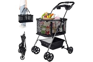 2-in1 Folding Shopping Grocery Cart Shopping Bag, 75Lbs Multifunctional Portable Collapsible Utility Cart with Removable Bask