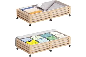 WISUCE Bamboo Under Bed Storage Containers- Underbed Organizer with Wheels with Large Dust Bag,Sturdy Wood Rolling Under the Bed Shoe Storage Organizer Drawer 2 Packs (Nature, Long)