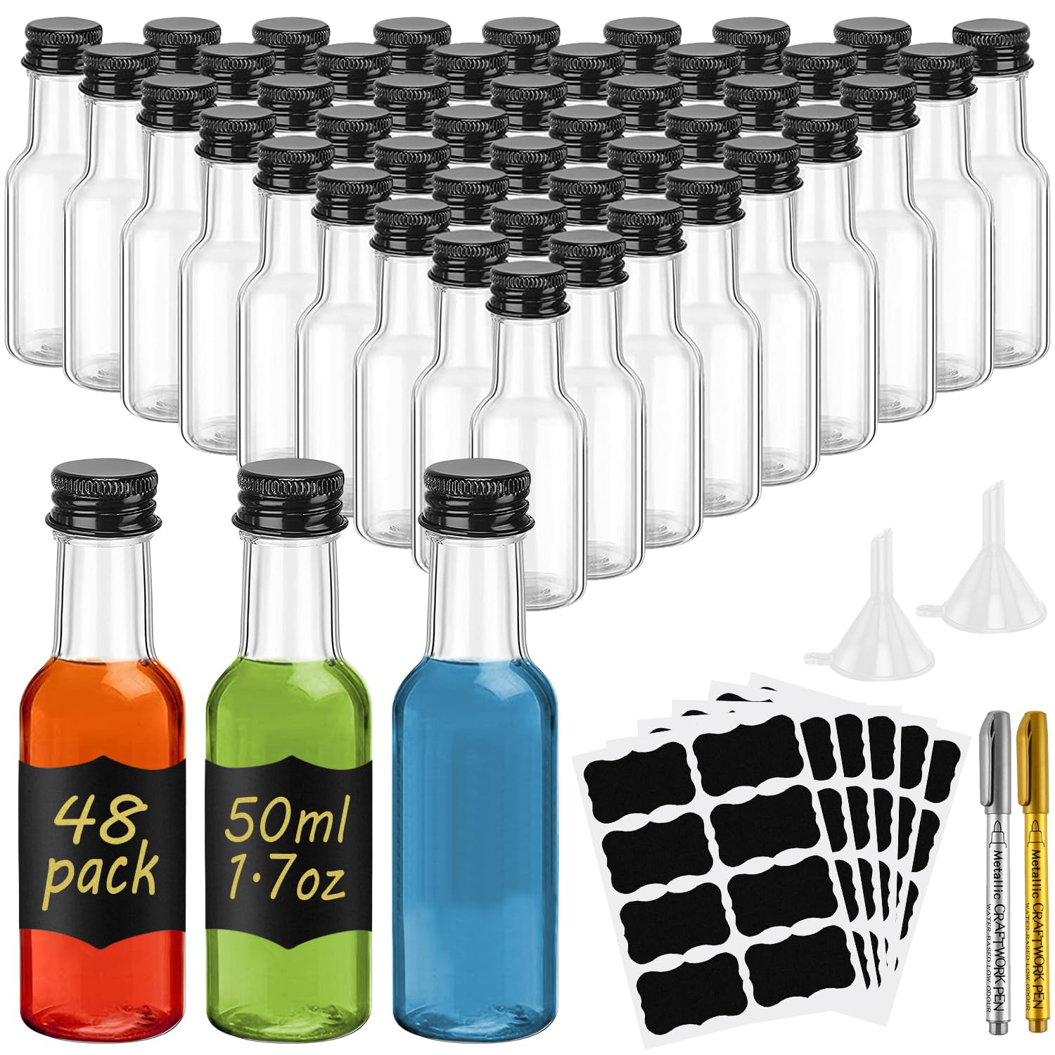 WenYa 24 Pack Mini Liquor Bottles, 50ml Empty Small Plastic Bottle with Lids (Leak Proof Black Screw Caps), Reusable Miniature Alcohol Bottles with Labels Funnel for Weddings Parties