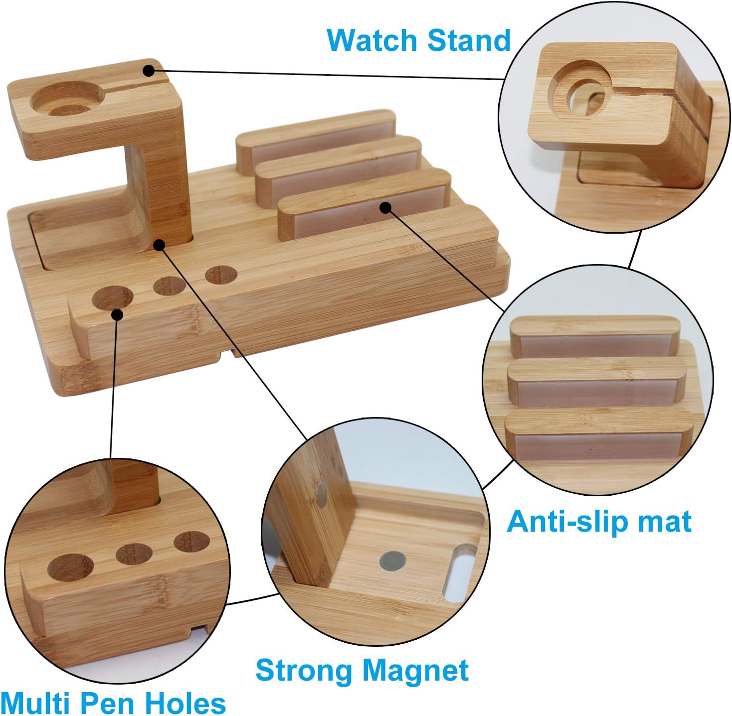 Pezin & Hulin Bamboo Charging Dock Rack, Wooden Charging Station Organizer with Lined Tray & Drawer, Desktop Dock Organizer - Image 5