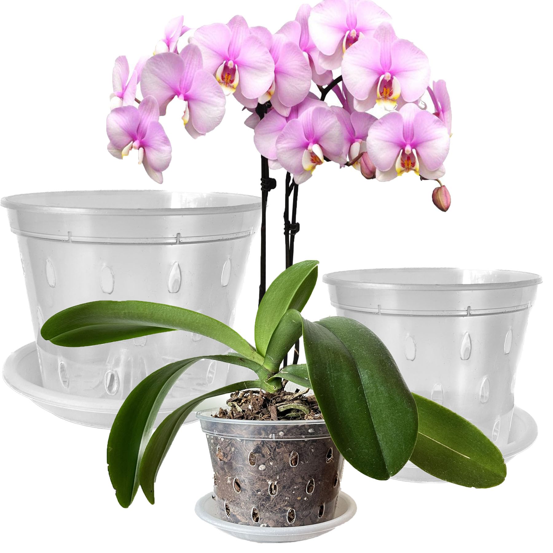 Mesoar 11cm 14cm 17cm Orchid Pots,Clear Plastic Orchid Pots with Holes and Saucers for Plants Flower Nursery Pots for Orchid Repotting Indoor and Outdoor Use (9, 3 each of 11cm,14cm,17cm)