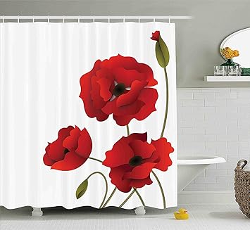 Red Green 60w X 72l Inche Fabric Bathroom Decor Set With Hooks Tgyew Floral Shower Curtain Poppy Flowers Bright Petals With Buds Pastoral Purity Mother Earth Nature Design Accessoires De Douche Cuisine