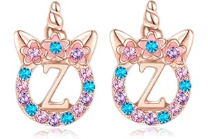 TRWWELL Cute Rose Gold Silver Initial Unicorn Hypoallergenic Stud Earrings Rhinestone Initial Letter Stud Earrings for Girls Unicorns Jewelry Gifts for Kids Toddler