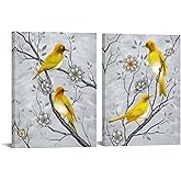 RyounoArt Yellow and Grey Wall Art Bird Pictures Gray Yellow Canvas Paintings for Kitchen Bathroom Wall Decor Ready to Hang 12 * 16 inch Each