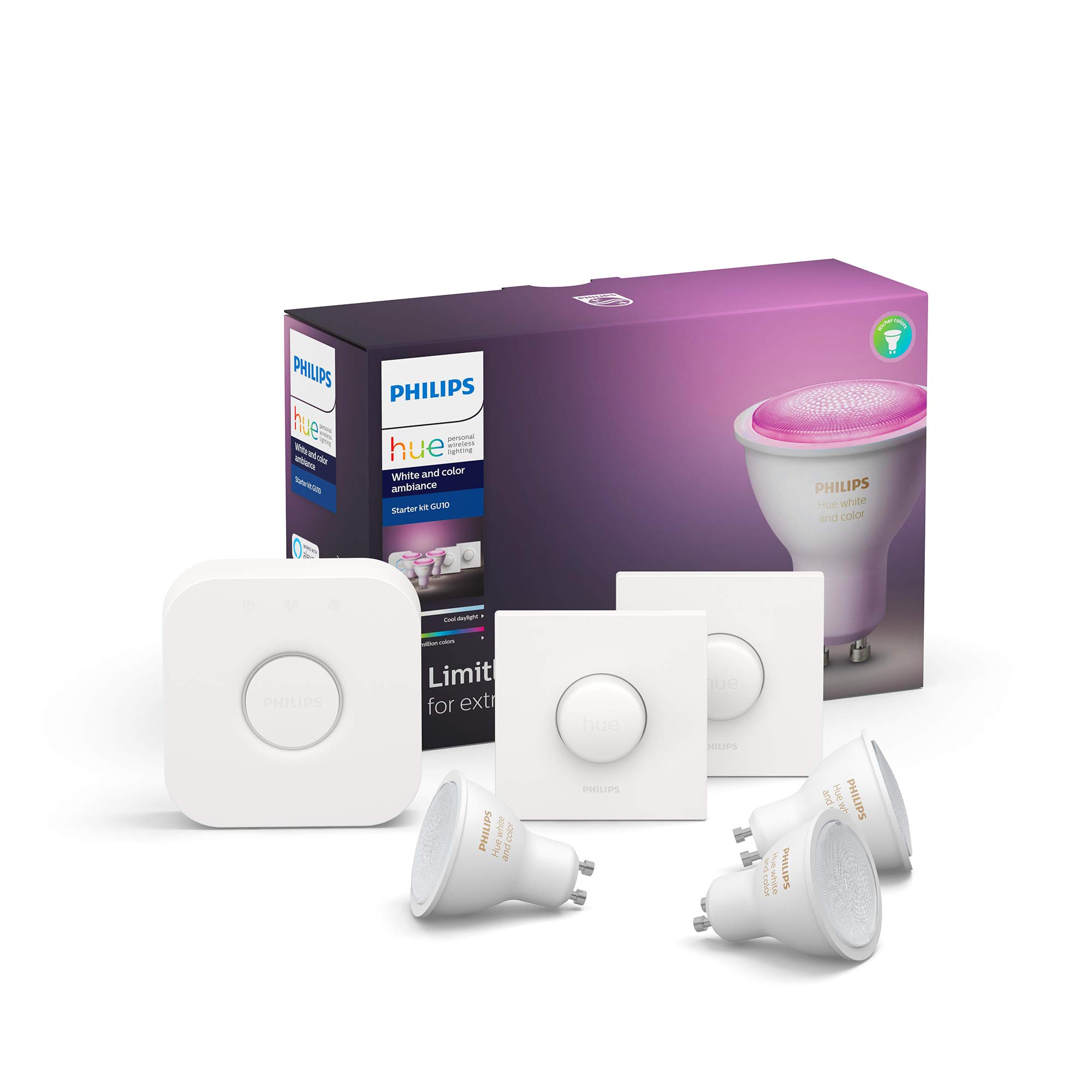 Philips Hue Starter Kit White and Colour Ambiance: 3x Smart LED Bulbs [GU10 Spot] Including 2x Hue Buttons + Bridge, Works with Alexa, Google Assistant and Apple HomeKit