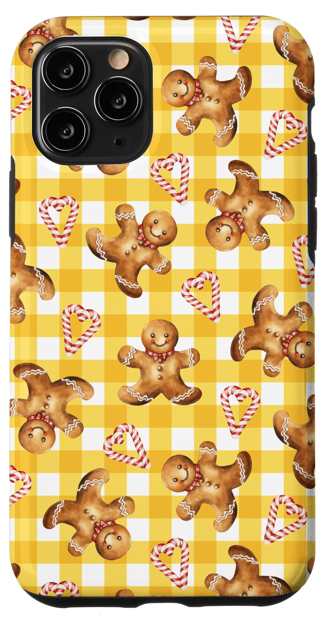 iPhone 11 Pro Gingerbread Men Candy Canes Pattern Retro Yellow Gingham Case