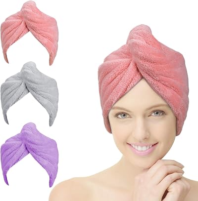 ACWOO Hair Turban Towel 3 Pack Microfiber Fast Dry Pink Purple Grey
