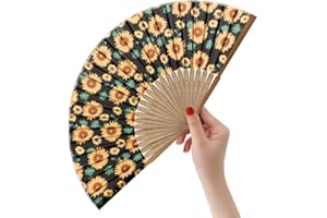 HeyToo Women Held Hand Folding Fan - Bamboo Printed Pattern Foldable Fan - Ideal for Decoration, Wedding, Themed Anniversary Party, Church, EDM, Festivals, Dancing and Gifts (Sunflower)
