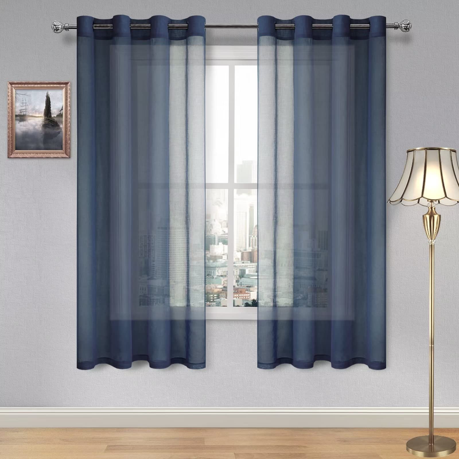DWCN Navy Blue Sheer Curtains Textured Semi Transparent Eyelet Top Decorative Voile Curtain for Living Bedroom, 52" Wide x 72" Drop, 2 Panels