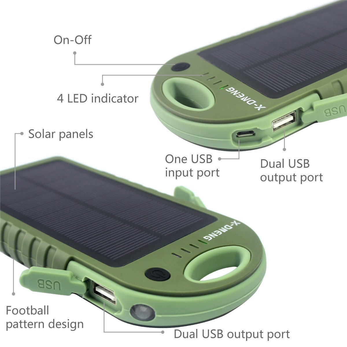 Externe Akku Powerbank 12000 mAh Solar Ladegerät Handy X-DNENG 2 Ausgänge USB Wasserdicht Solar Panel Outdoor Power Bank mit LED-Lampen für iPhone iPad Tablet Samsung Android Smartphones Mp3 usw- Grün