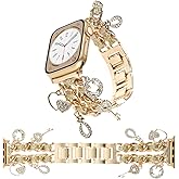 REALSIGN Stylish Metal Wristband Compatible with Apple Watch Band 42 44 45 46 49mm,Cuban Chain Bing Band Key Love Smile Pendants Cute Strap for iWatch Series 11 10 9 8 7 6 5 4 3 SE Charms Women(42/44/45MM,Key Glitter Gold)