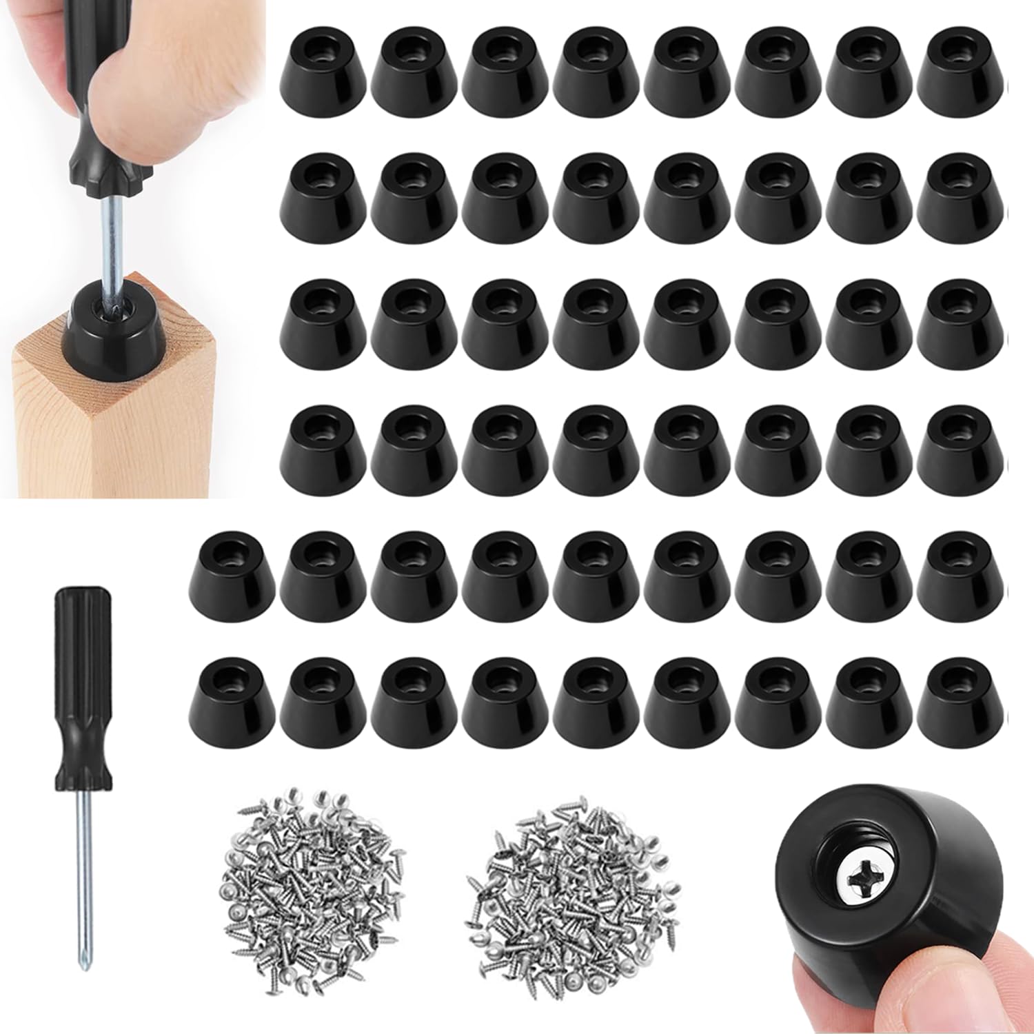 RHQFDM 50 Pieces Round Rubber Feet With Screws,10mm Soft Cutting Board Rubber Feet,Non Slip Black Rubber Bumper,Used on Wooden Furniture to Reduce Scratches on Floors